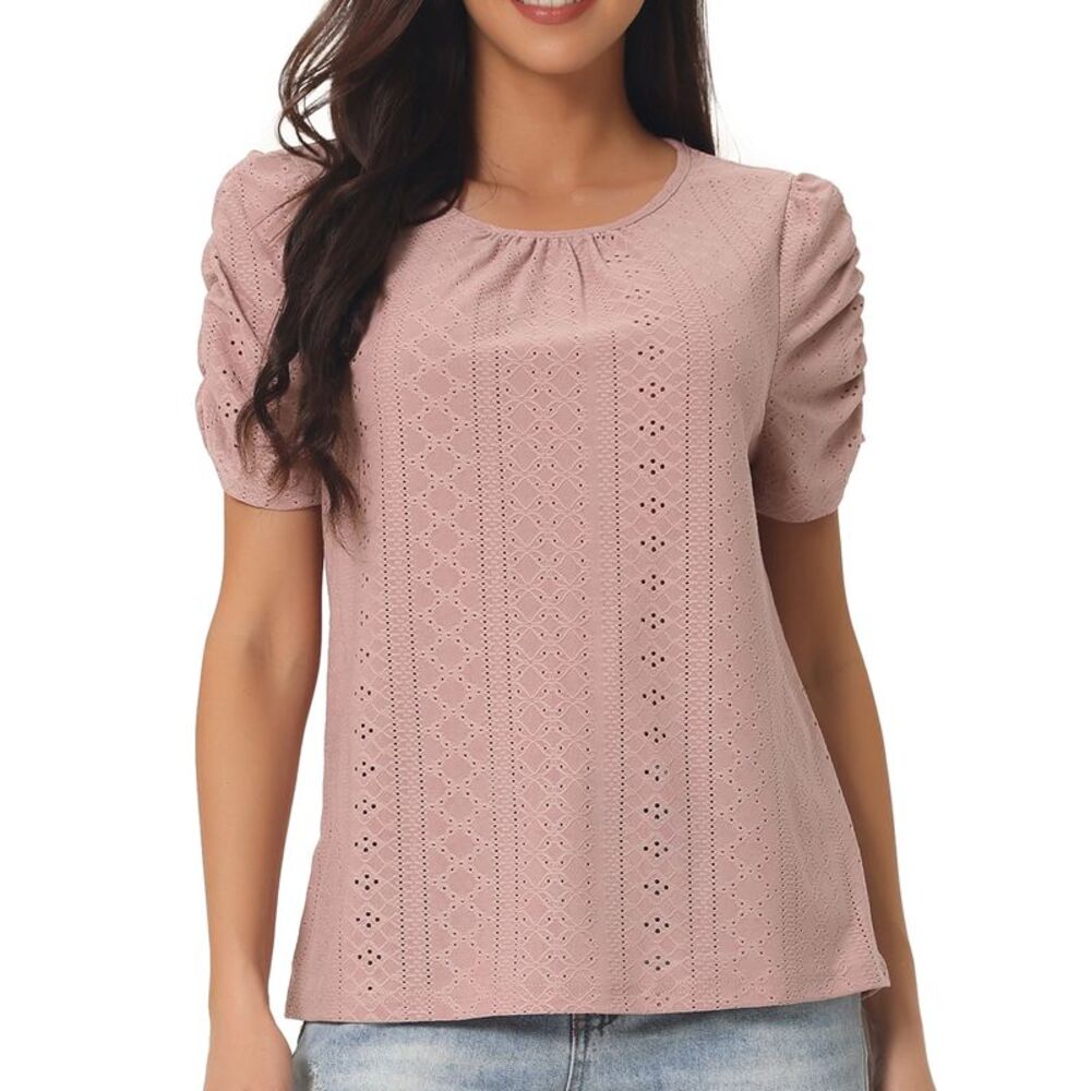 Ruched Short Sleeve Eyelet Tops Crewneck Blouses Summer T Shirts Dusty Pink